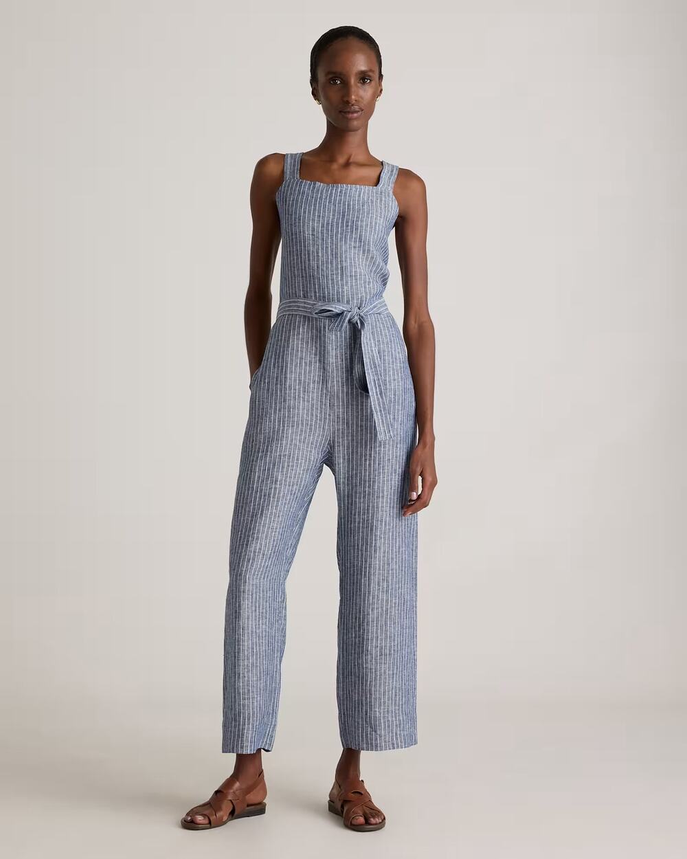 Quince 100% European Linen Square Neck Jumpsuit Chambray Stripe S Coastal Vacay